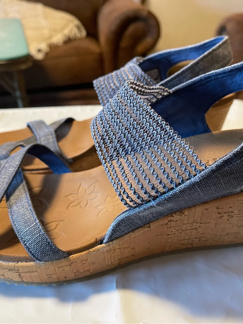 Skechers 31723 Beverlee High Tea  Blue Silver Cord Wedge Sandals Size 11